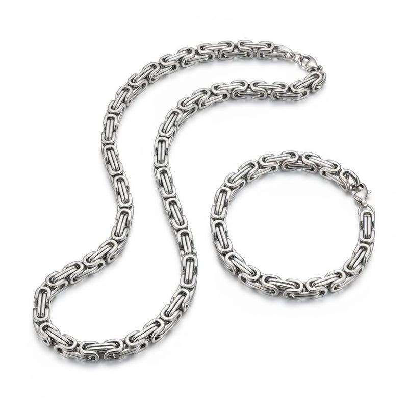 Half set for men (chain + bracelet) in silver with a luxurious royal design, made of rust-resistant stainless steel, giving you an attractive look at all times. - Image 1